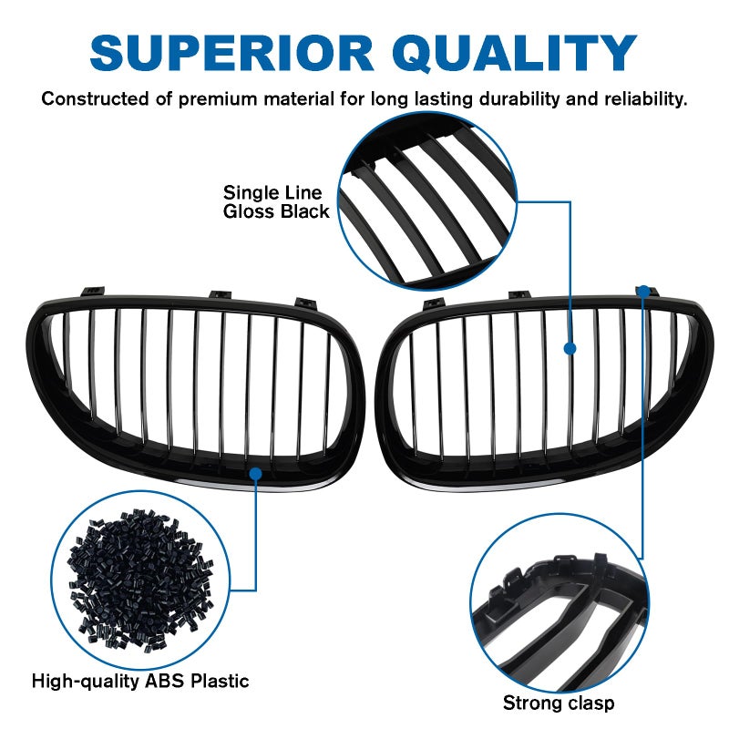 BILLDIO E60 Grille - Black Kidney Single slats Grill Compatible With BMW 5 Series E60 E61 2003-2009 520i 523i 525i 528i 530i 535i 550i ABS Gloss Black Kidney Grill - Image 3